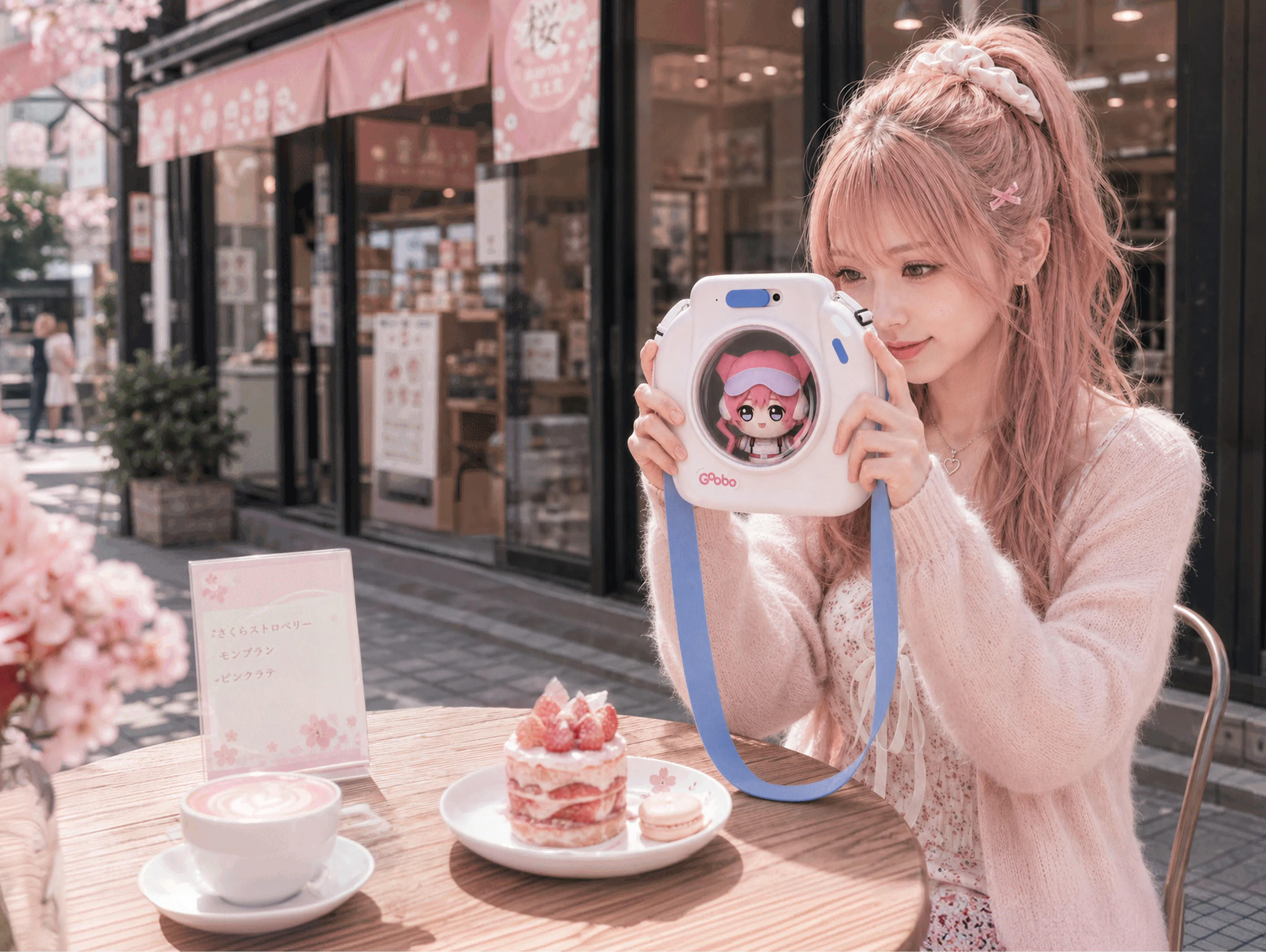 晴れた川沿いの遊歩道で、GOOBOスマートイタバッグを持ち微笑む女性。クリアウィンドウからぬいぐるみが顔をのぞかせている。
